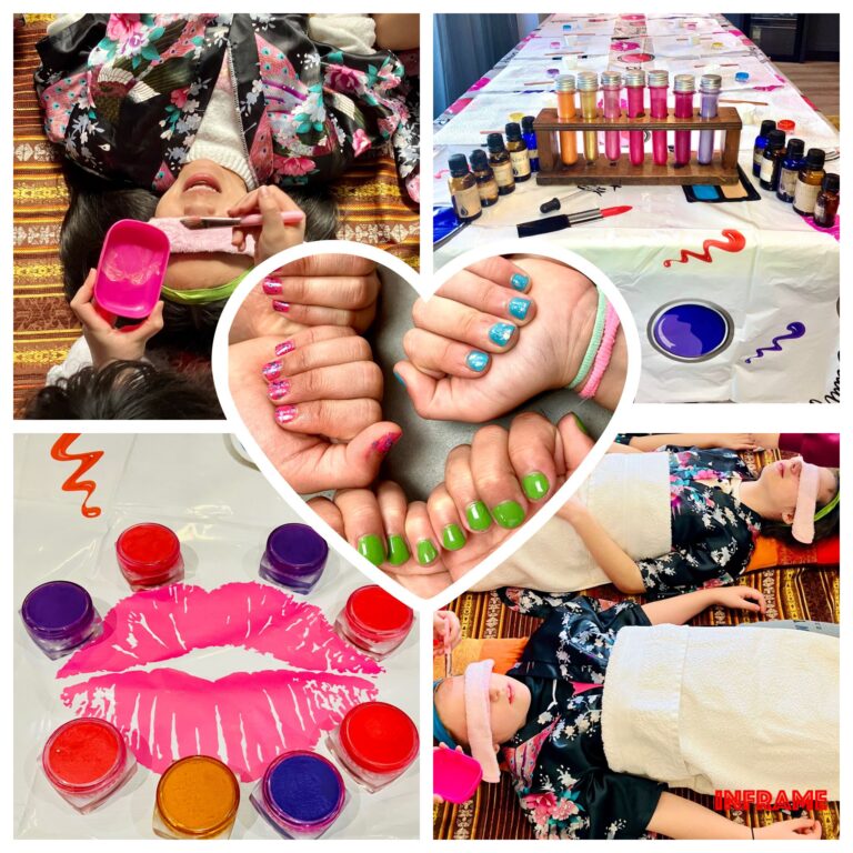 Five pictures within one image showing the different activities in the spa party. Two pictures of girls having a face mask applied, a picture of nails & lip glosses.